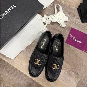 CHANEL Quilted CC Turn Lock Loafer 36C Black Leather Gold Logo Hardware
